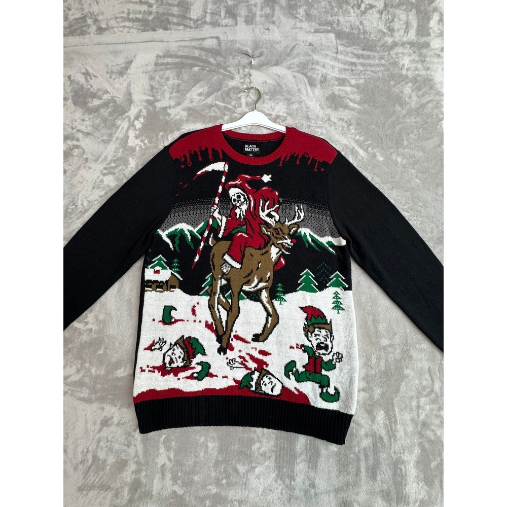 Black Matter Grim Reaper‎ Deer Ugly Christmas Sweater XL